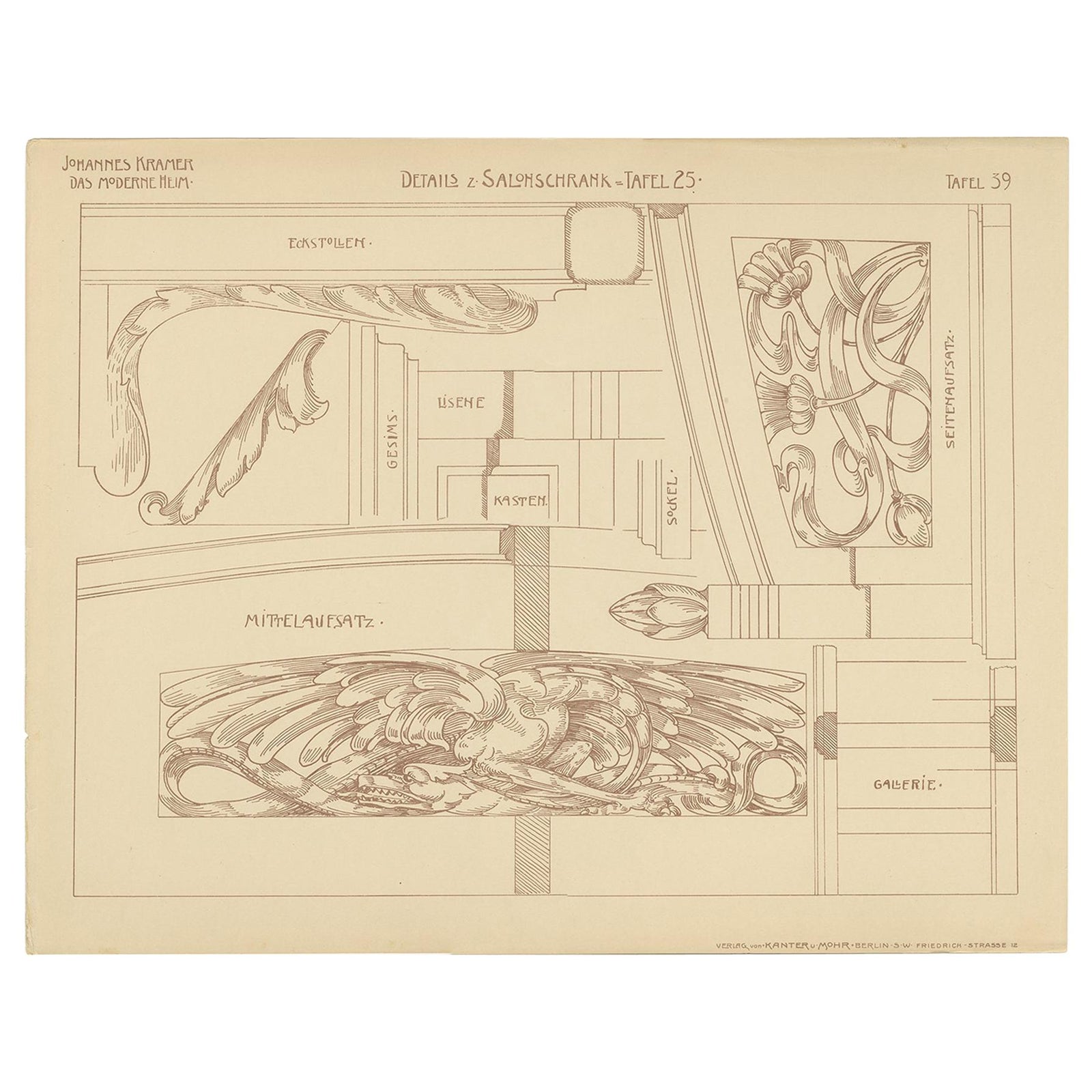 Pl. 39 Antique Print of Furniture Details by Kramer, circa 1910