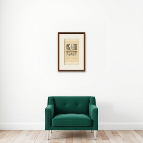 Pl 112 Antique Print of French 18th Century Furniture by Racinet, shown framed on a wall, true to size