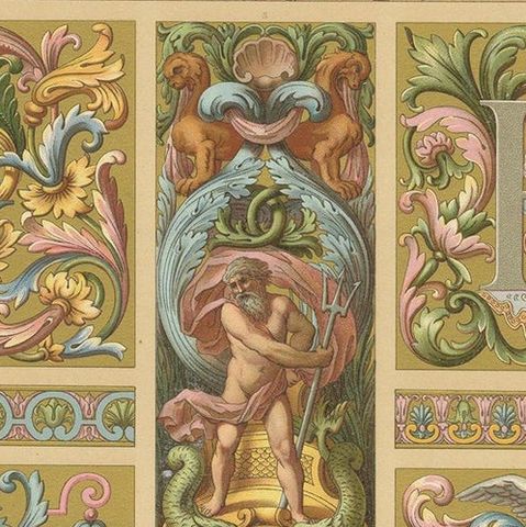 Pl. 111 Antique Print of 17th Century from Interior Decor by Racinet, circa 1890, close-up 1