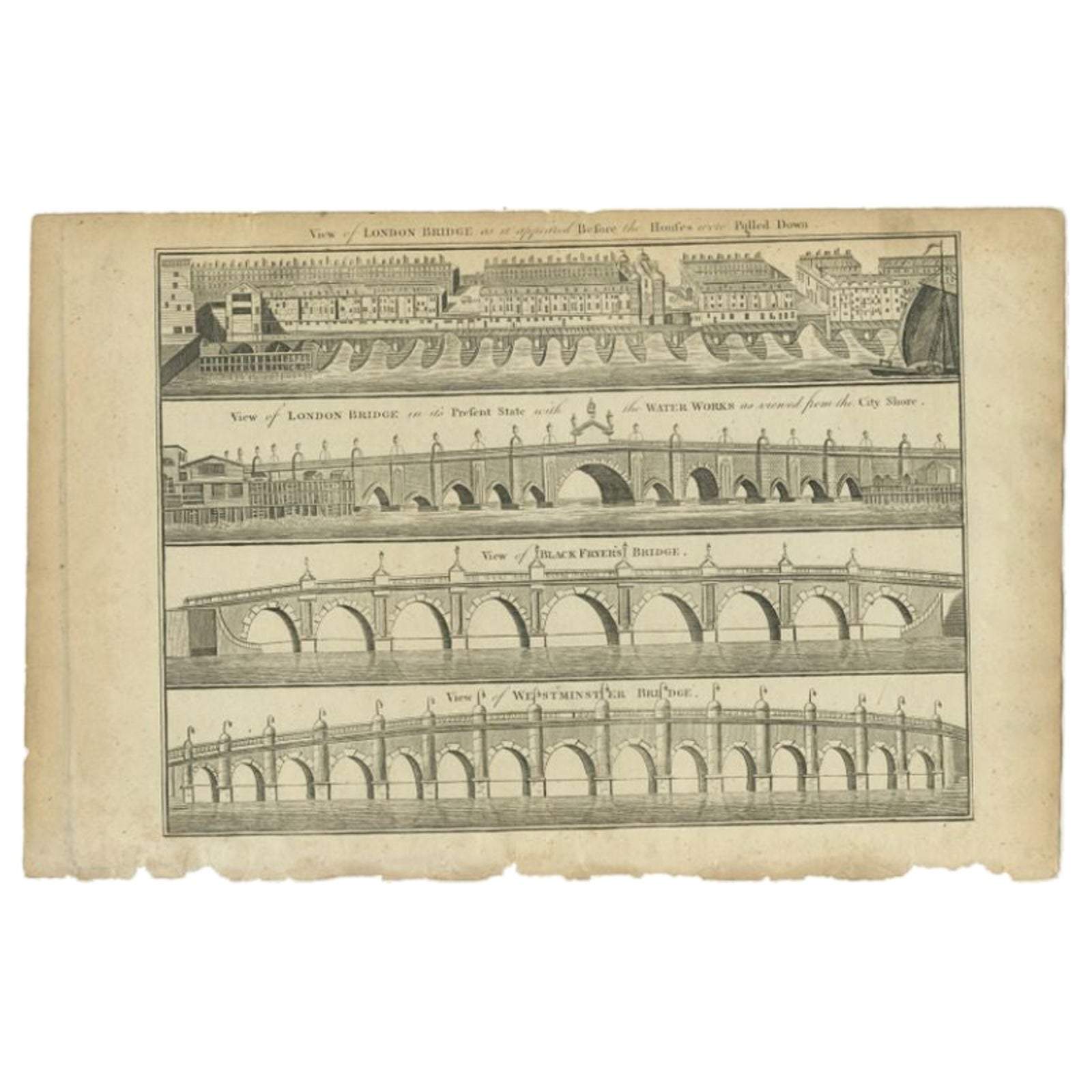 Antique Print of the London Bridge by Hogg, 1784