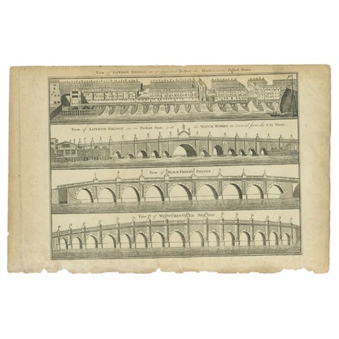 Antique Print of the London Bridge by Hogg, 1784