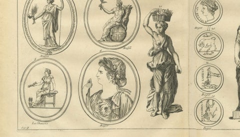 Roman Female Statues and Medallions, Montfaucon Antiquarian Engraving, 1721, close-up 5