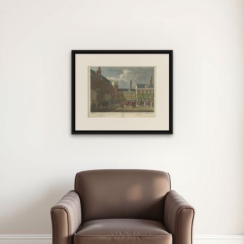 Antique Print of the West India House in Amsterdam, Netherlands, C.1780, shown framed on a wall, true to size