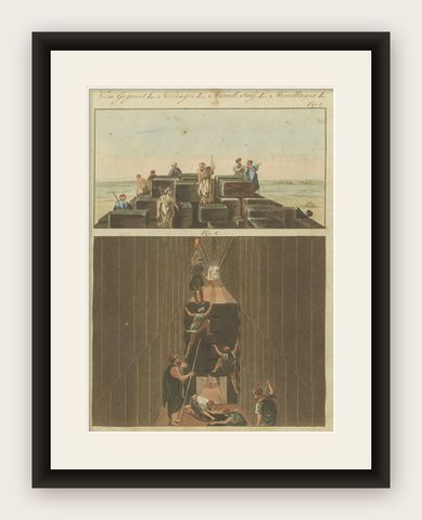 1805 Hand-Colored Engraving of Ancient Pyramid Construction from Bertuch’s Work, shown framed