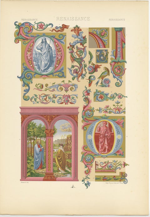 Pl. 77 Antique Print of Renaissance Initials and Ornaments by Racinet circa 1890, view 2