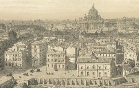 St Peter’s Basilica and Vatican Palace Panorama, Rome, Benoist 1869 Lithograph, close-up 2