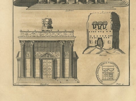 Antique Roman Temple Engravings Set of 3, Montfaucon 1721 Architecture, close-up 2