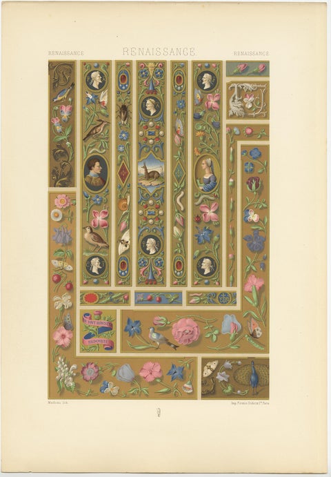 Pl. 78 Antique Print of Renaissance Margin Decorations by Racinet, circa 1890, view 4