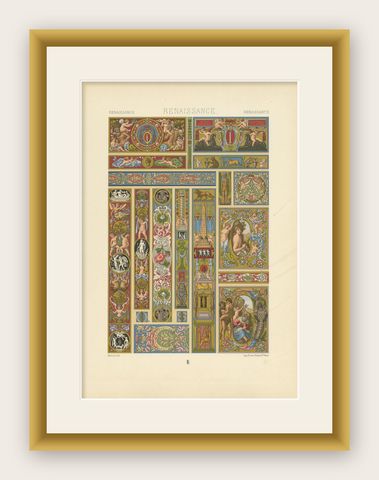 Pl. 82 Antique Print of Renaissance Ornaments from Italian, Racinet 'circa 1890', shown framed