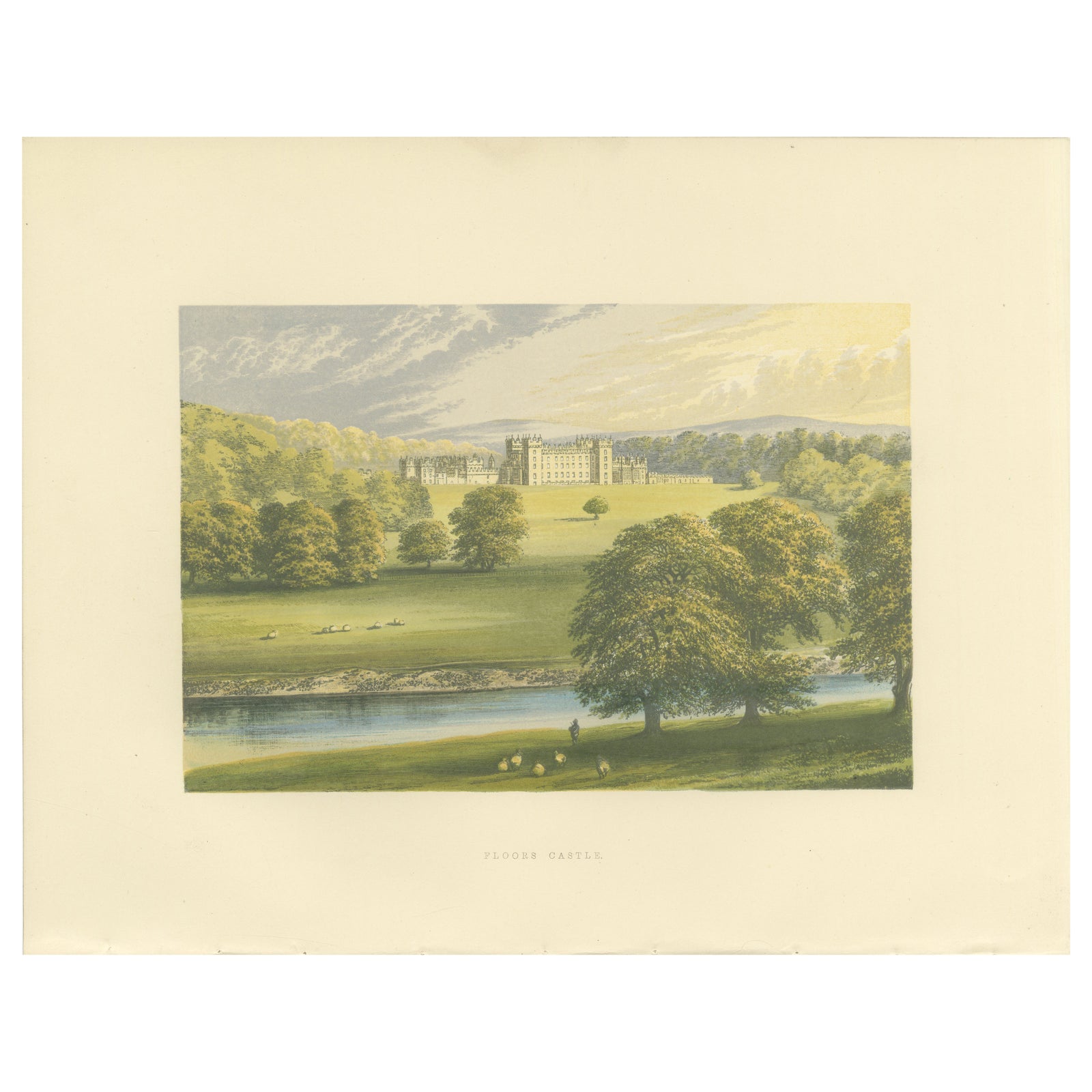 Floors Castle Estate View, Scottish Castle Landscape Engraving, c1850
