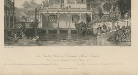 Antique China Consequa House Canton Print, Thomas Allom Steel Engraving 1843, close-up 2