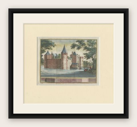 Antique Print of Muiden Castle in the Netherlands, circa 1730, shown framed