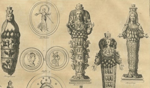 Antique Roman Ephesian Artemis Statues, Montfaucon Classical Engraving 1721, close-up 4