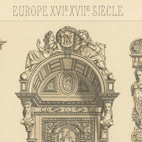 Pl. 75 Antique Print of European XVIth-XVIIth Furniture by Racinet 'circa 1880', close-up 1
